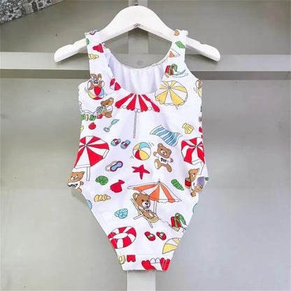 Quick-dry boys' swim shorts – bear-printed, polyester, for summer swimming and beach play