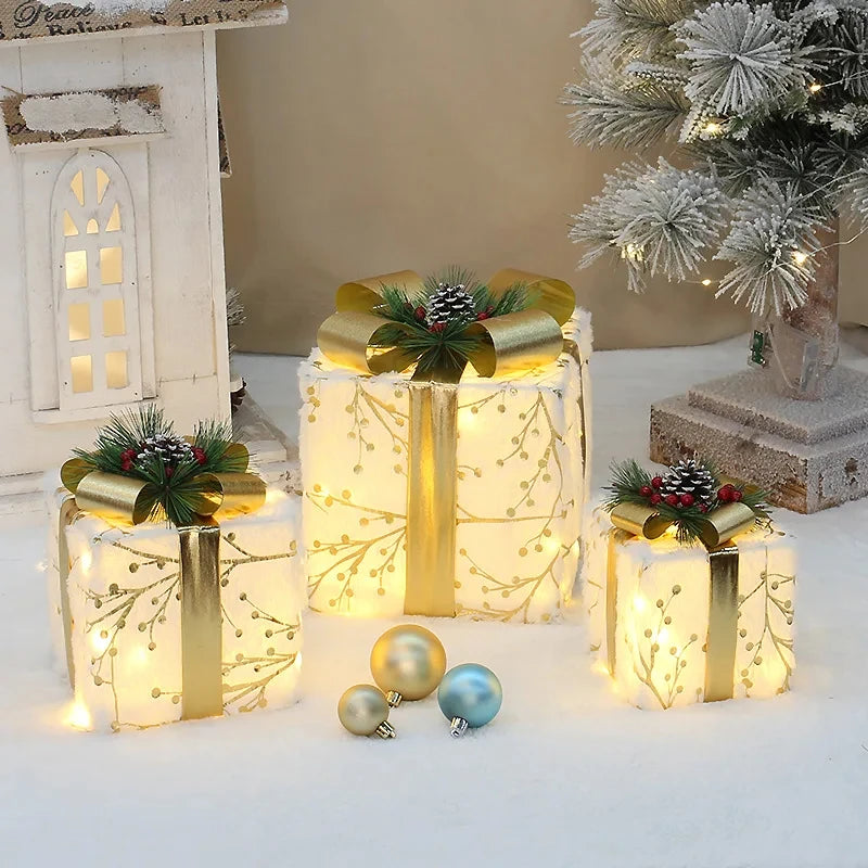 Decorative LED Gift Box Set with Bow - 3/4pcs Hollow Christmas Lights for Home, Outdoor, and Party Decor