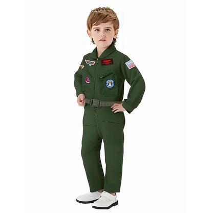 Kids Embroidered Pilot Jumpsuit Cosplay Costume with Belt for Halloween Holiday Dress Up 2026