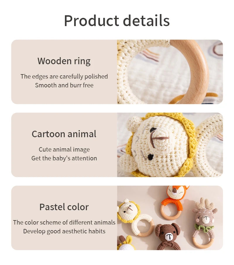 Wooden Crochet Animal Teether Rattle Newborn Sensory Toys