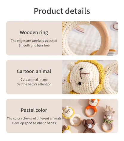 Wooden Crochet Animal Teether Rattle Newborn Sensory Toys