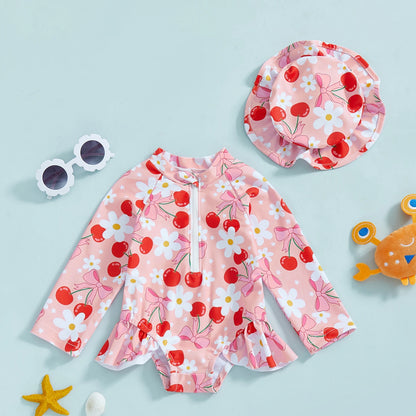 Soft Girls' Rash Guard Swimsuit Set - Zip-Up, Floral Print, Polyester, With Hat, For Summer Beach And Pool