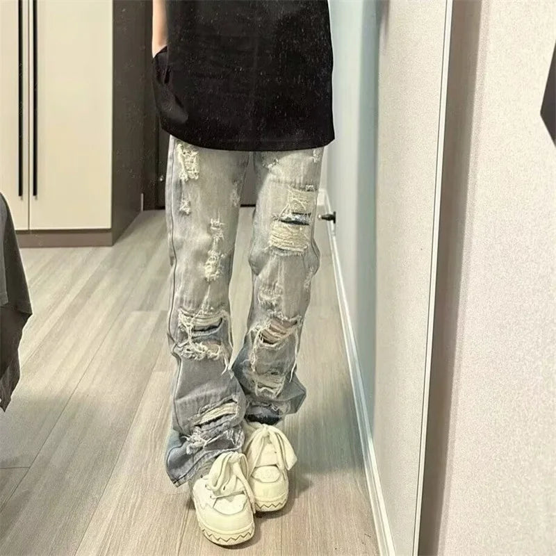 Oversized Relaxed Mens Jeans - Ripped Straight Leg Denim