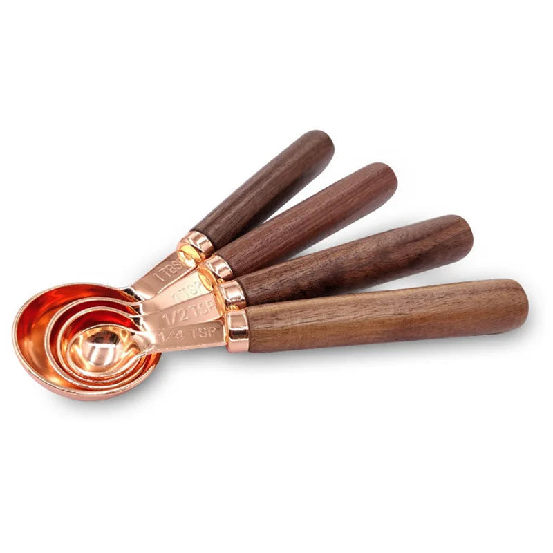 Acacia Wooden Handle Measuring Cups and Rose Gold Measuring Spoon Set - Baking Essentials