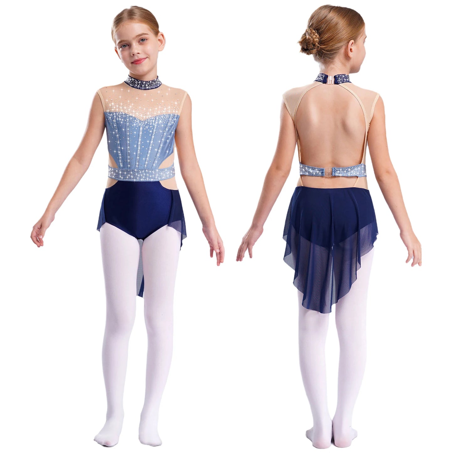 Stretchy girls' leotard - rhinestone mesh yoke, sleeveless, polyester, nylon, elastane, for lyrical dance performance