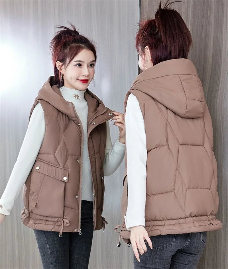 Warm Cozy Women Puffer Vest - Hooded Midlength, Winter