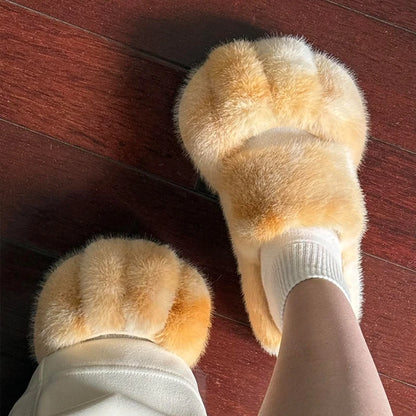 Soft cozy women's slippers - cat-paw design, long-pile plush faux fur, indoor use