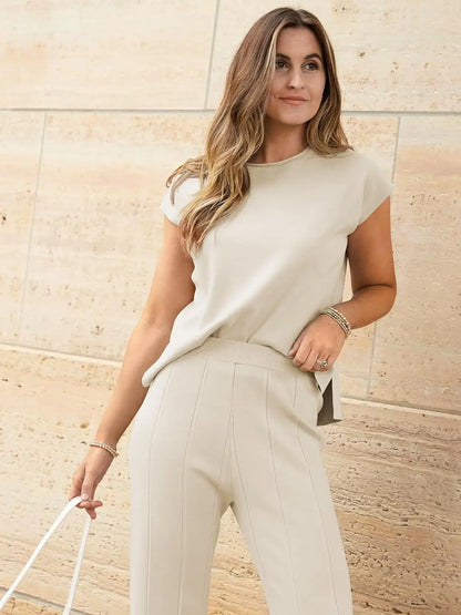 Soft Relaxed Women’s Two-Piece Pant Set – Sleeveless Round-Neck Knit Top, High-Waist Wide-Leg Trousers For Summer