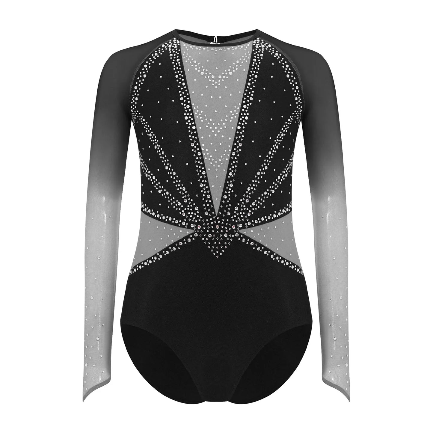 Strækbar pige dragt - flatterende, rhinsten-detaljeret, langærmet, mesh-panel, polyester elastan, til gymnastik