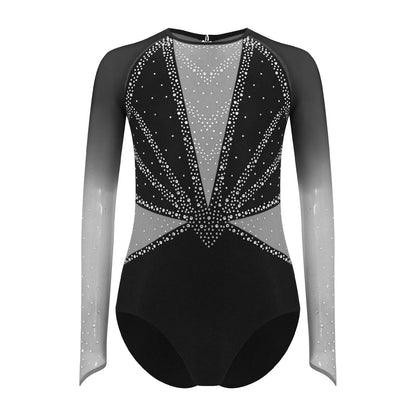 Strækbar pige dragt - flatterende, rhinsten-detaljeret, langærmet, mesh-panel, polyester elastan, til gymnastik