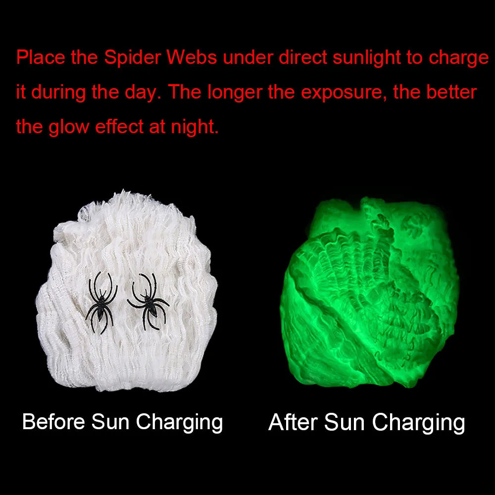 Halloween-fluorescerende spinnenwebben en -raggen die oplichten in het donker, griezelige buitendecoratie 2026