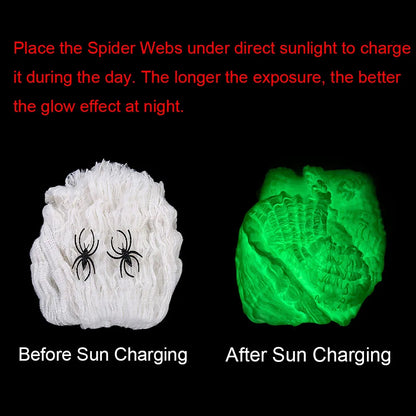 Halloween-fluorescerende spinnenwebben en -raggen die oplichten in het donker, griezelige buitendecoratie 2026