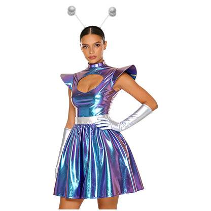 Zilverkleurige metallic astronauten-alien-tutu-jurk voor vrouwen, cosplayruimtecadetromper, Halloweenfeestjurk 2026