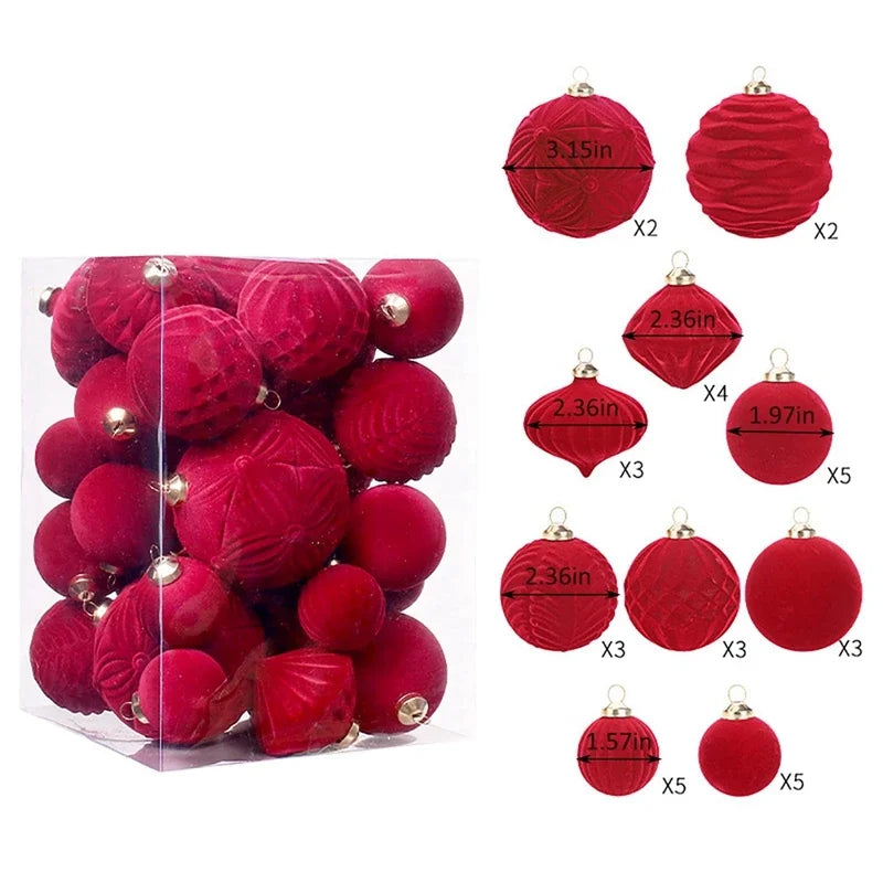 Ornements d'arbre de noël en velours floqué, boules suspendues en peluche pour décoration de maison Festive, décoration de fête de vacances 35 pièces