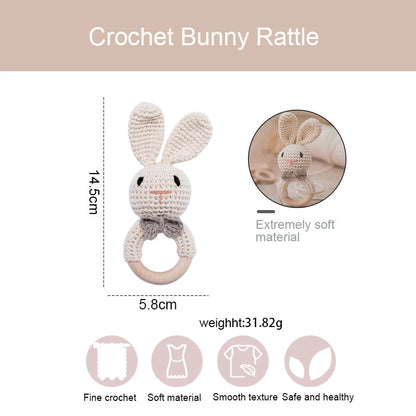 Wooden Crochet Animal Teether Rattle Newborn Sensory Toys