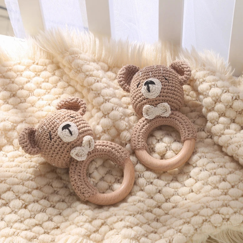 Crochet Bear Teether Rattle Ring Newborn Sensory Toys