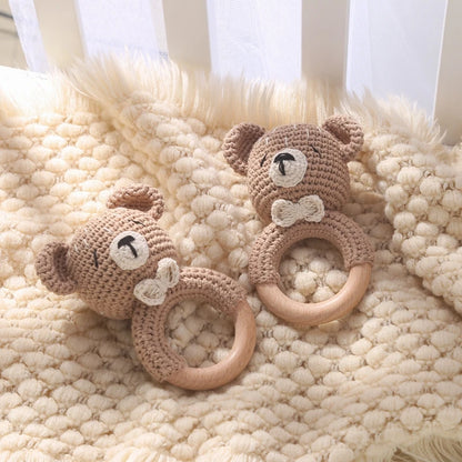 Crochet Bear Teether Rattle Ring Newborn Sensory Toys