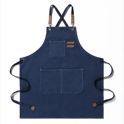 Grembiule da chef in tela con spallacci incrociati, grembiule da lavoro con rifiniture in pelle e tasche Autunno 2025 resistente per barbecue e officina