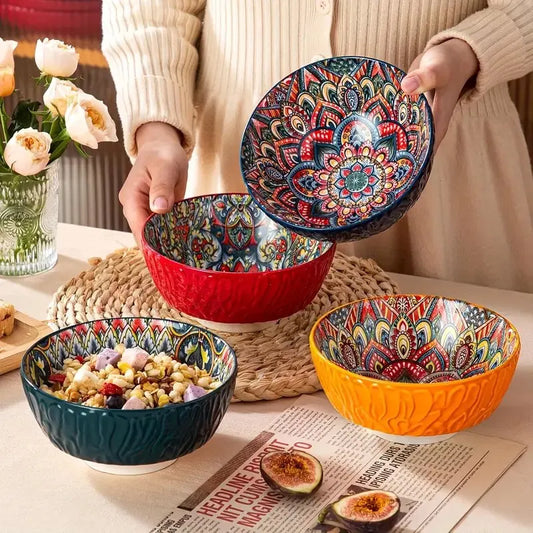 Bohemian Ceramic Bowls Set Floral Serving Bowls Versatile