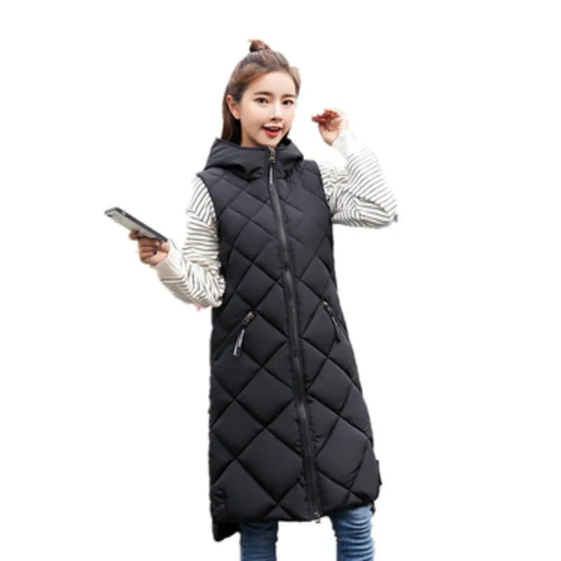 Lightweight Women's Long Puffer Vest - Hooded Cotton Winter