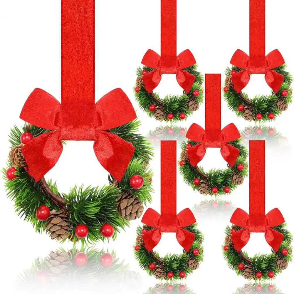 Juego de 6 coronas navideñas mini para gabinete con lazos rojos decoración duradera artificial estilo granja para las fiestas 2025