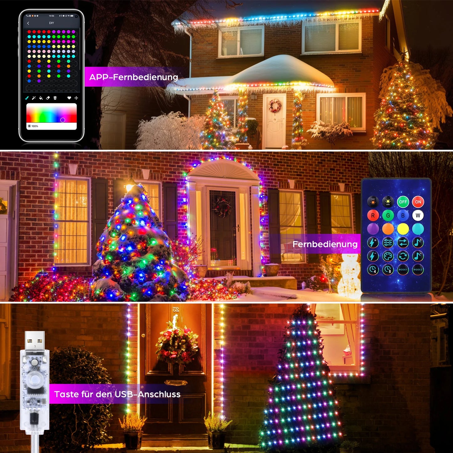 Guirlande lumineuse de Noël Bluetooth - Guirlande LED étanche pour arbre de Noël, application et décoration de vacances télécommandée