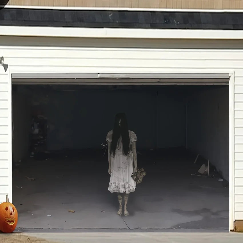 Halloween-spandoek met geest en zombie voor garagedeur, binnen- en buitendecoratie voor Halloweenfeest 2026