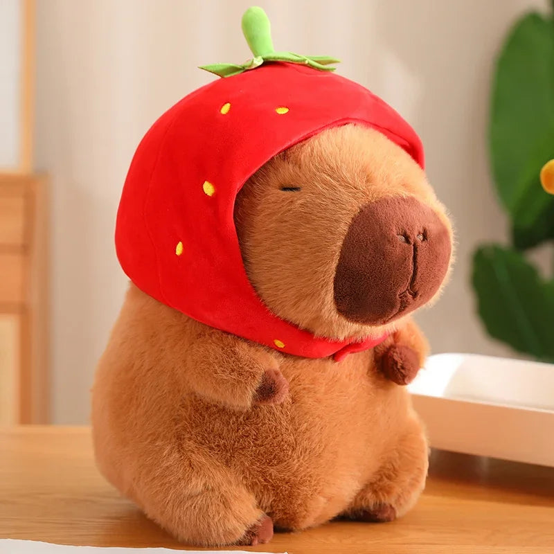 Kawaii Capybara Plush Toy - Fluffy Stuffed Animal with Turtle Bag & Strawberry Cap, Ideal Birthday Gift for Kids & Home Decoration