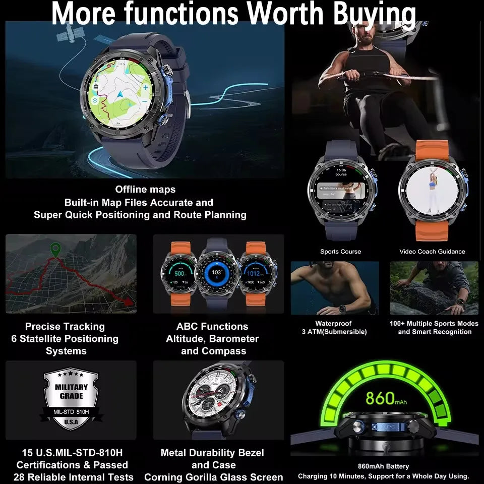GPS Smartwatch 5ATM Waterproof Rugged Military Outdoor Watch Fall 2025 Offline Maps All-Day Battery