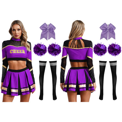 Cosplaykostuum voor cheerleaderoptredens voor vrouwen, crop-top met lange mouwen en geplooide rok met pompons 2026
