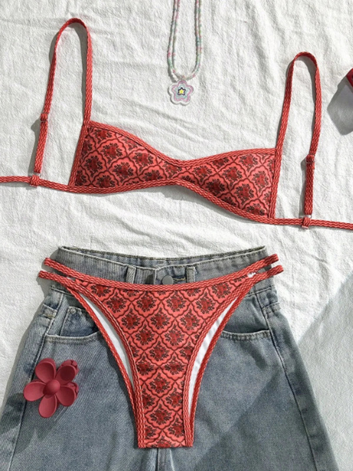 Hurtigtørrende kvindelig bikinisæt – høj benudskæring blomsterprint, polyester, elastan, til svømning