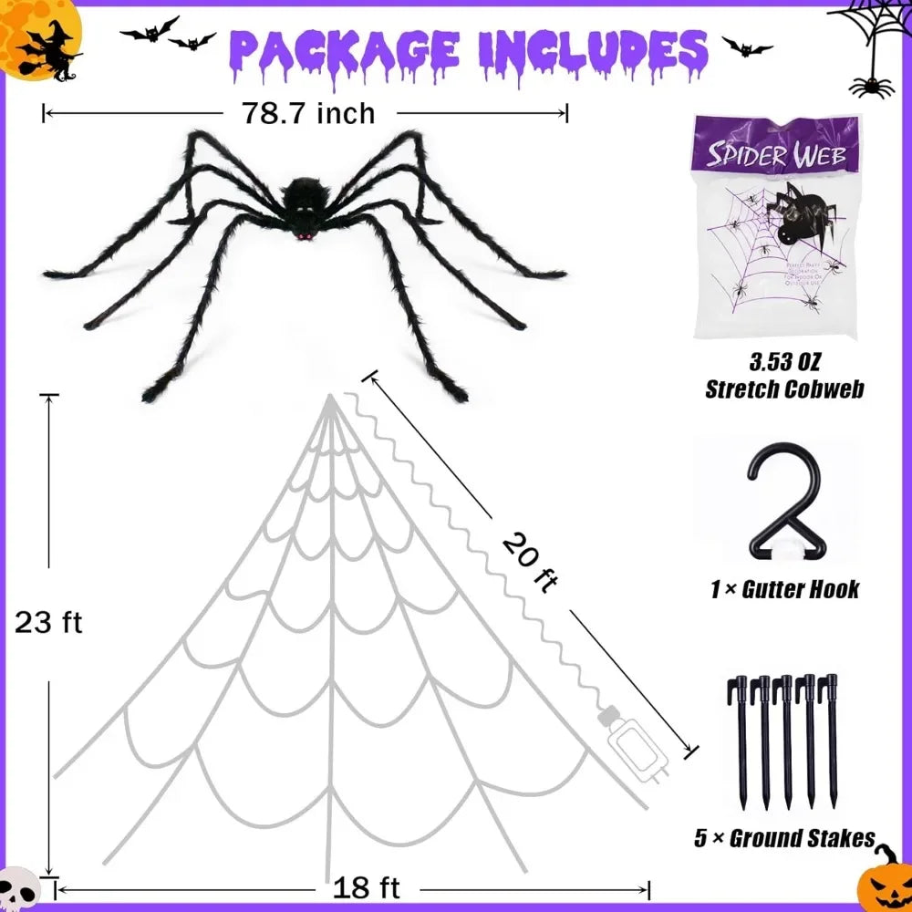 Halloween Spider Web with 290 LED Lights - Giant Outdoor Spider Decoration with 78.7" Spider