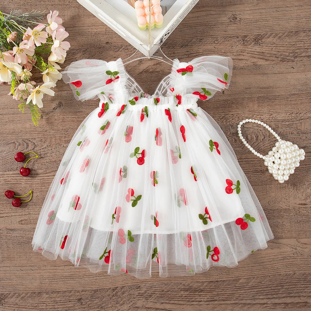 Lightweight flowy girls' dress - knee-length tulle, floral print, polyester, for weddings