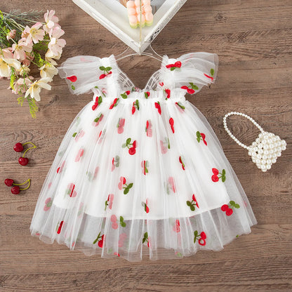 Lightweight flowy girls' dress - knee-length tulle, floral print, polyester, for weddings