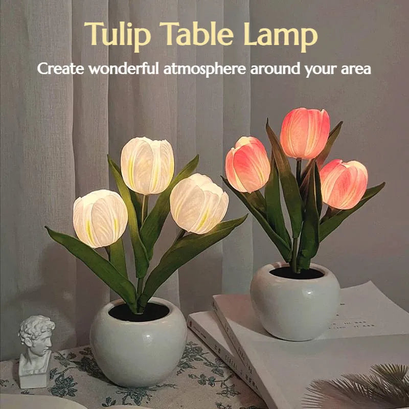 LED natlys tulipan bordlampe romantisk stemningsblomst lys efterår 2025 hjemmedekoration gave