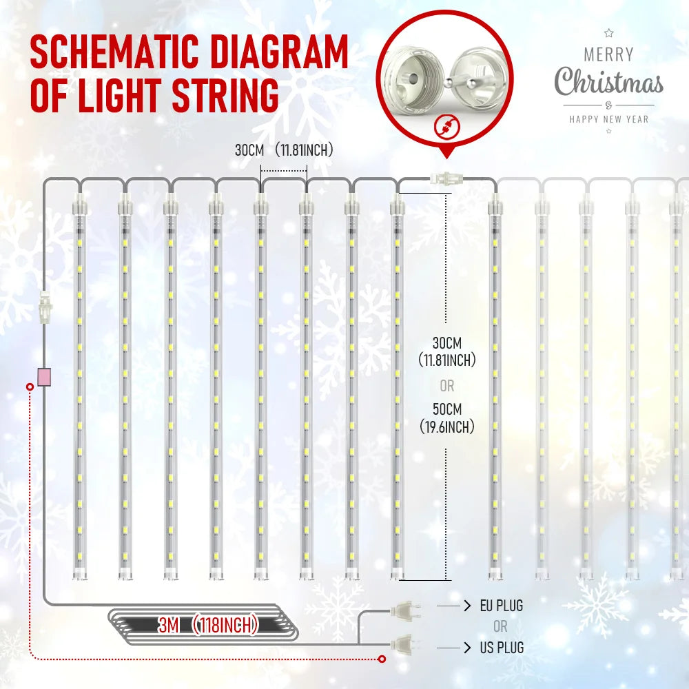 Outdoor Waterproof LED Meteor Shower Lights - 30cm & 50cm Festoon String Decoration for Christmas & Holiday Events, Beautiful Shooting Star Effect