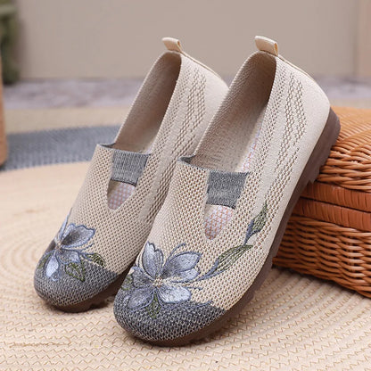 Breathable Women’s Flats - Slip-On Mesh, Embroidered