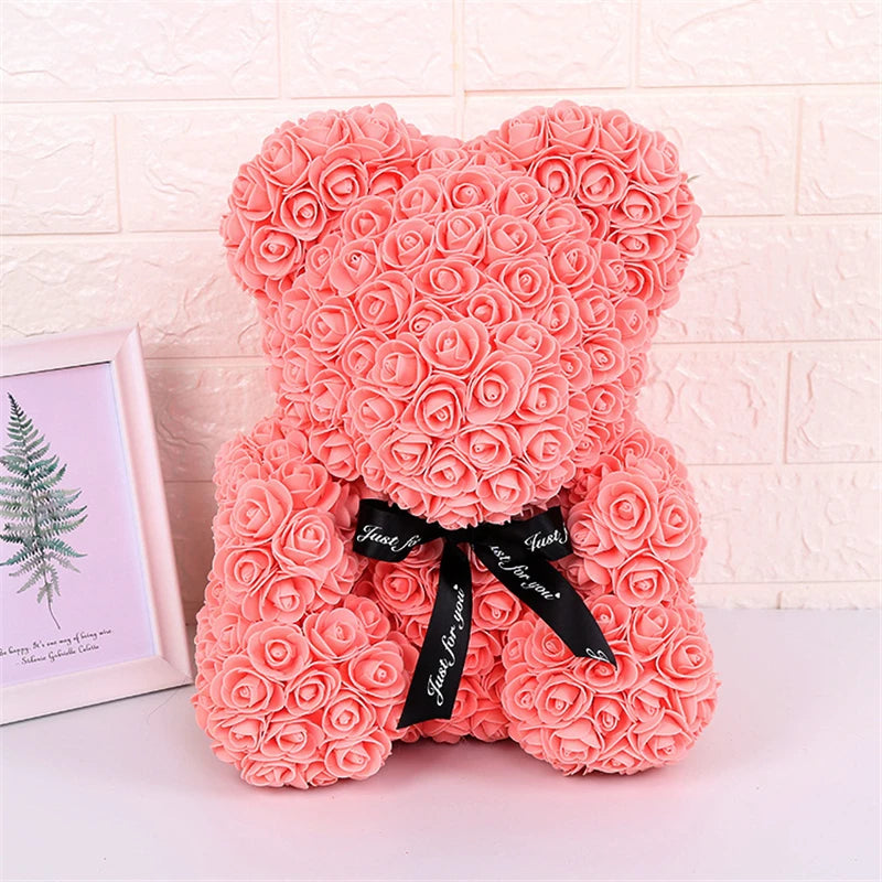 Faux Rose Teddy Bear with Gift Box and Lights - Romantic Anniversary or Valentine's Day Gift, Wedding Decor