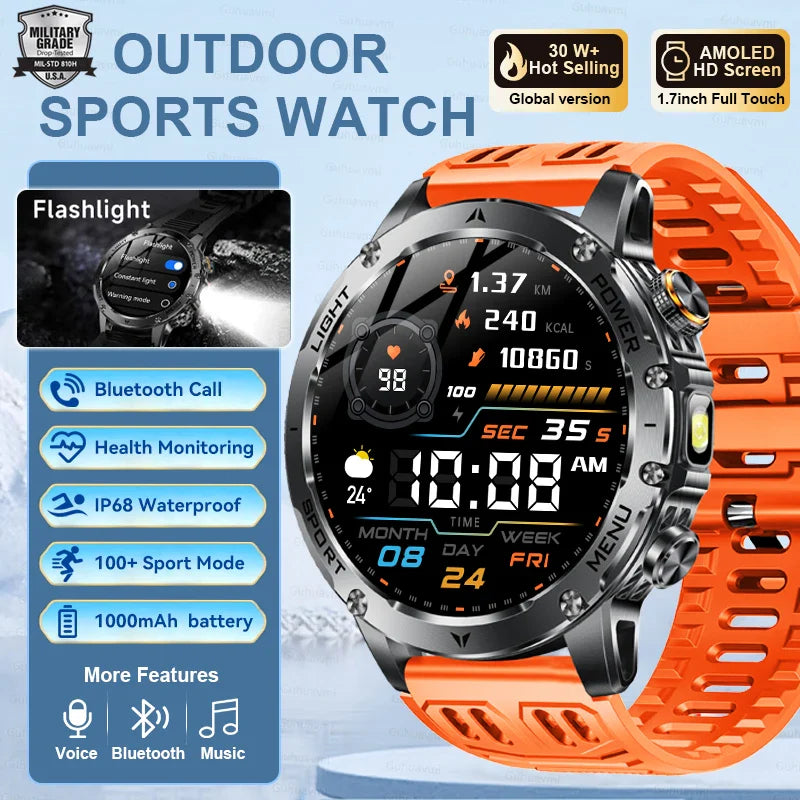 Smartwatch Rugged Outdoor GPS – 1.7 Inch AMOLED, Fall 2025 Trend, 1000mAh Battery, IP69K Waterproof, Bluetooth Calling