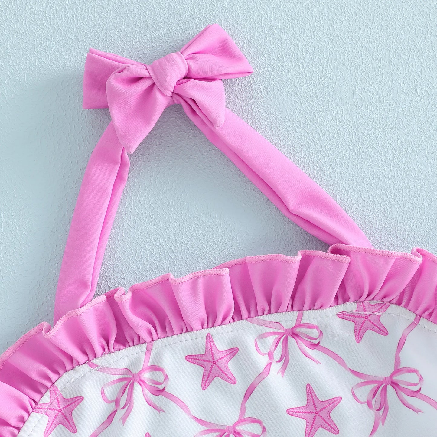 Lightweight girls' bikini set - halter top, starfish print, ruffle trim, polyester, for summer beach