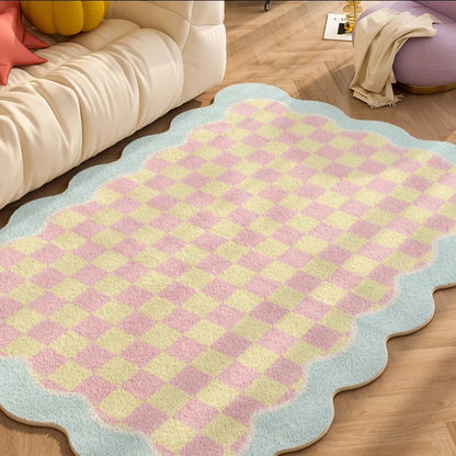 Plüschteppich kariert mit gewelltem Rand, Teppich für Kinderzimmer und Wohnzimmer, Akzent Herbst 2025, gemütlich, flauschig, maschinenwaschbar