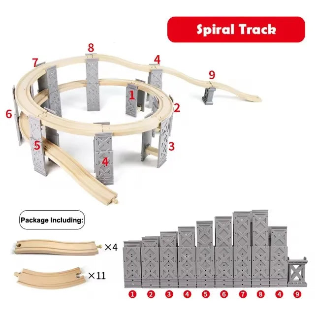 Wooden Train Track Set with Spiral Tracks & Bridge Piers - 26pcs Eco-Friendly Gift for Kids