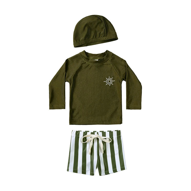 Breathable Kids Rash Guard Swim Set – Long-Sleeve Top, Swim Pants, Hat, Polyester Elastane, Beach Vacation