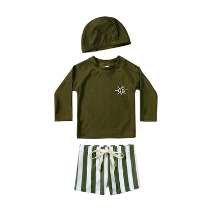 Breathable Kids Rash Guard Swim Set – Long-Sleeve Top, Swim Pants, Hat, Polyester Elastane, Beach Vacation