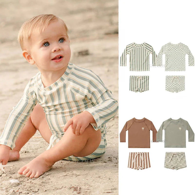 Hurtigtørrende unisex baby badetøj 2-delt sæt – langærmet rashguard top, shorts, polyester, sommerstrandtøj