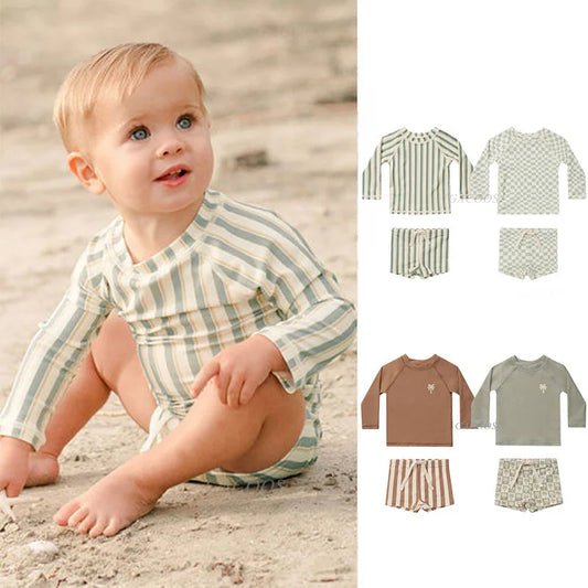 Quick-dry Unisex Baby Swimwear 2-Piece Set – Long-Sleeve Rash Guard Top, Shorts, Polyester, Summer Beachwear