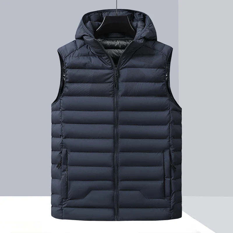 Warm Men’s Sleeveless Vest - Quilted Hood, Cotton Poly