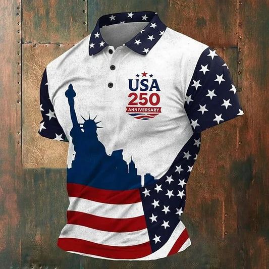 Lightweight men's polo shirt - graphic flag print, cotton, casual summer wear for outdoor events