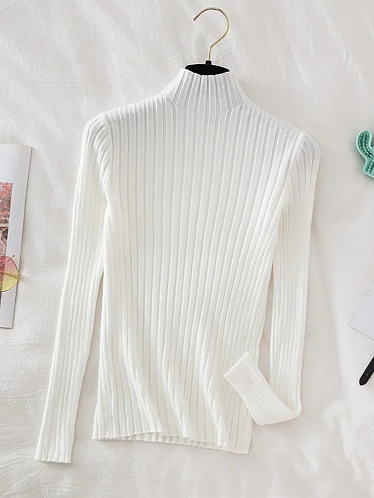 Stretchy Flattering Women Ribbed Sweater - Mock Neck, Knit