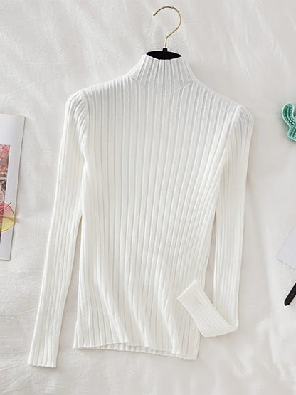 Stretchy Flattering Women Ribbed Sweater - Mock Neck, Knit